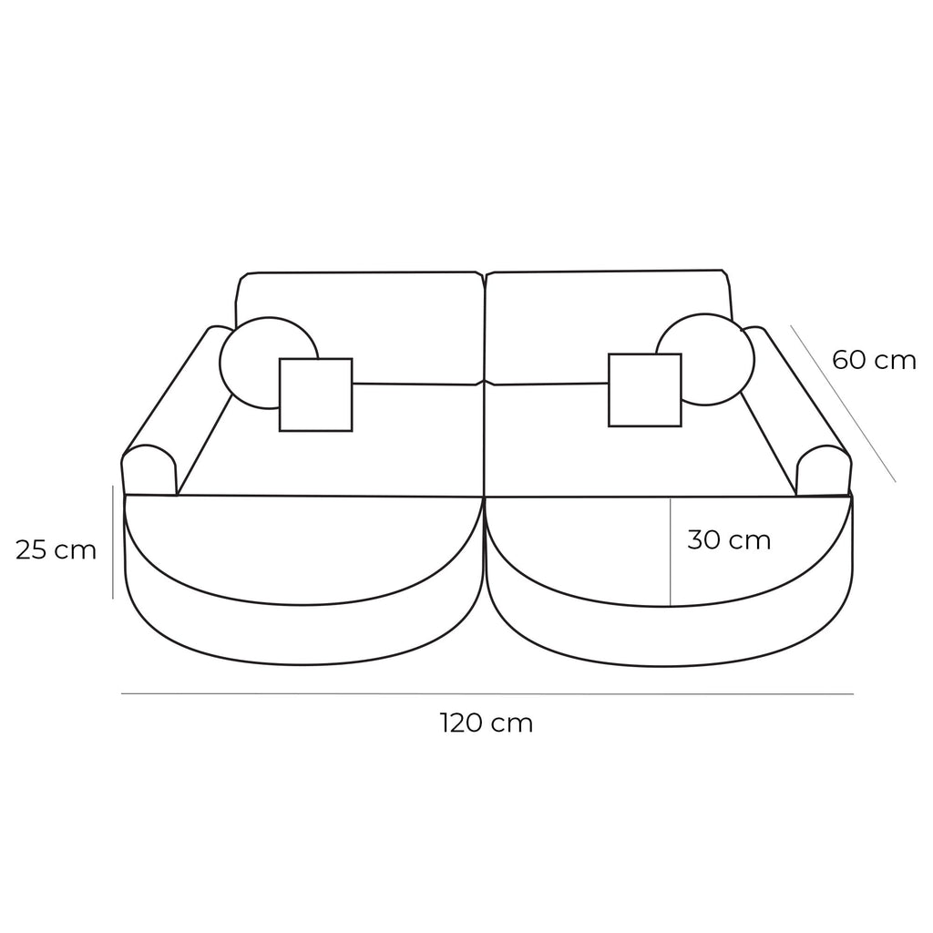 2. Size chart for children's modular sofa showing dimensions in centimeters