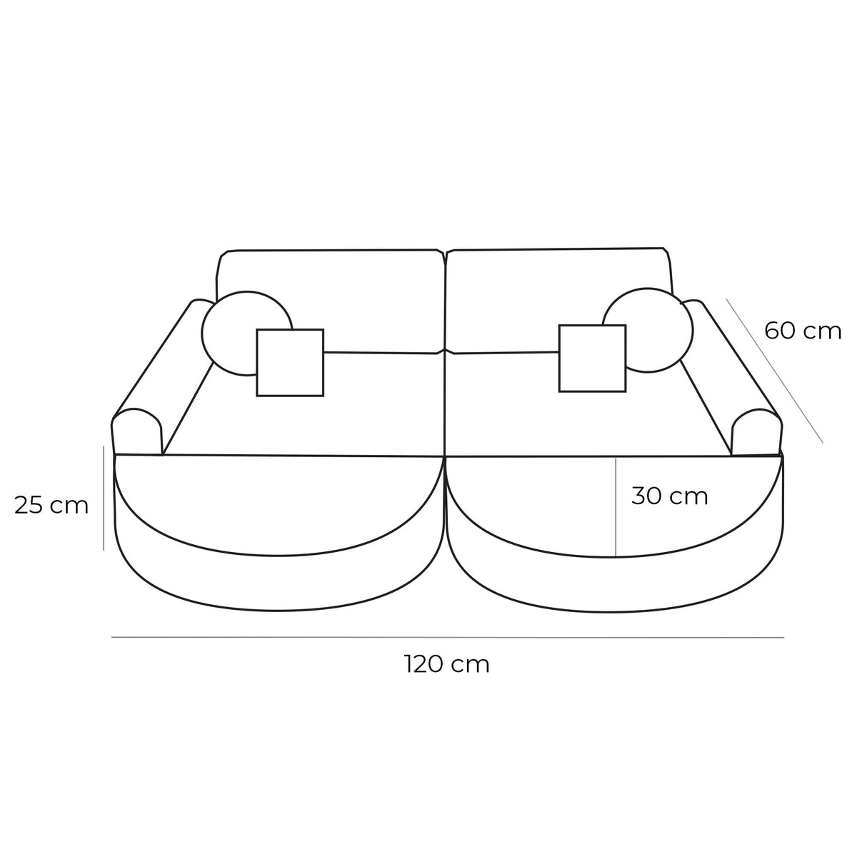 2. Size chart for children's modular sofa showing dimensions in centimeters