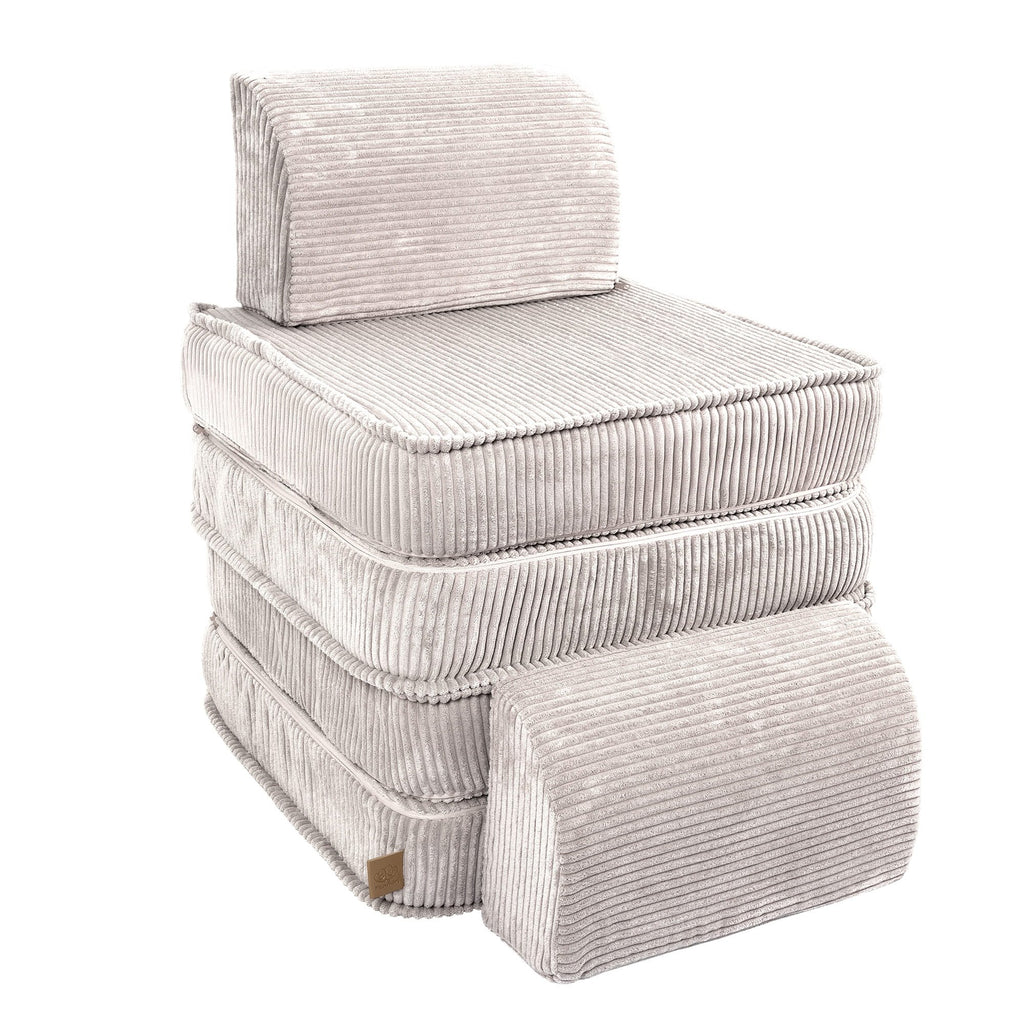 3. Ecru ribbed modular children's sofa stacked vertically to form a single chair with backrest, on a white background