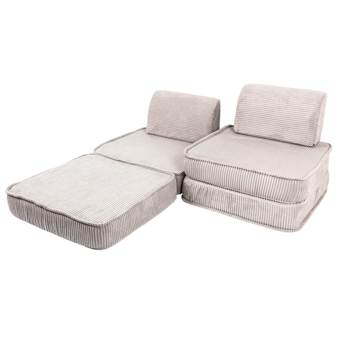 2. Ecru modular children's sofa with ribbed texture, arranged in a split configuration with one seat extended, on a white background