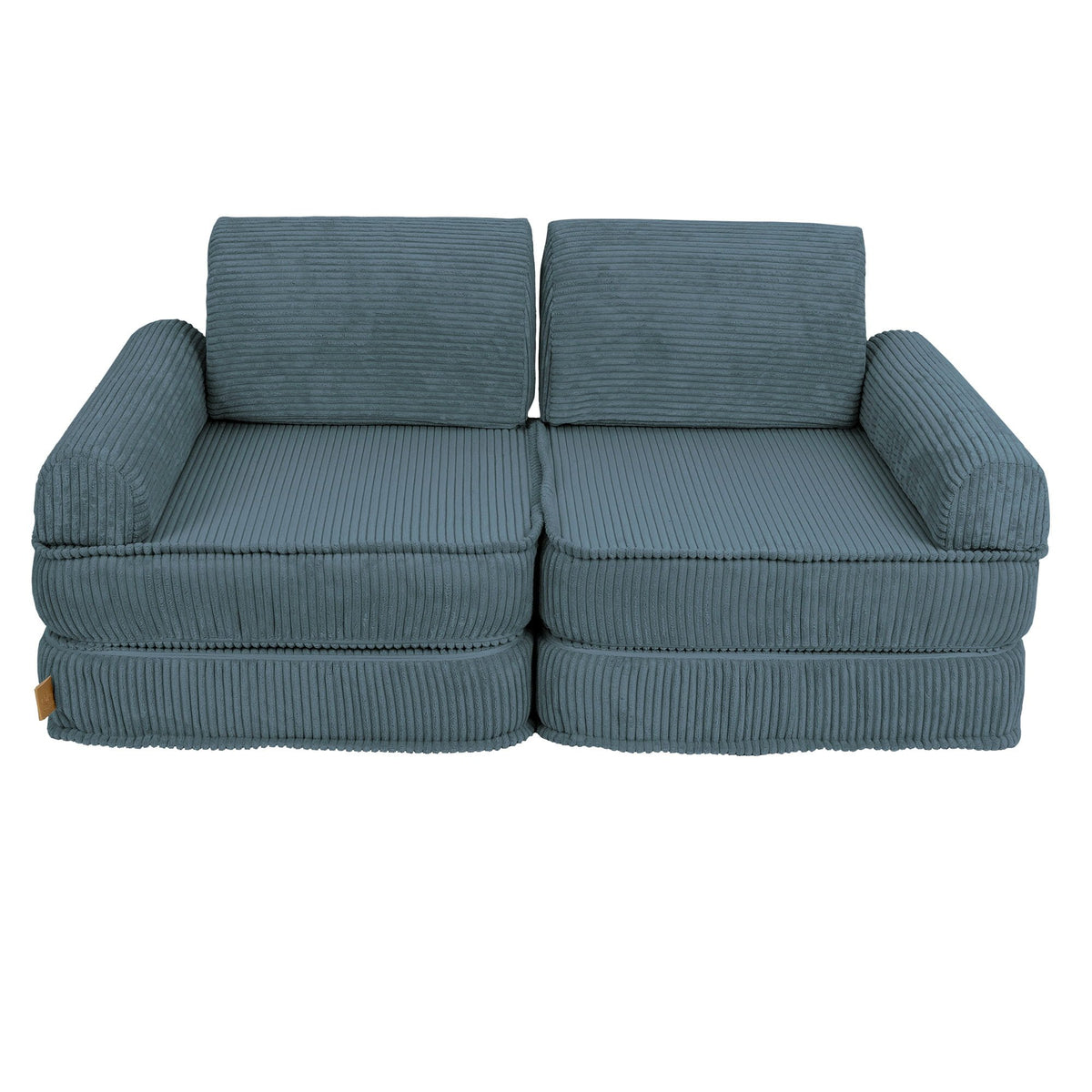 3. Medium modular children's sofa in aesthetic turquoise with ribbed texture, featuring two back cushions, in a studio setting