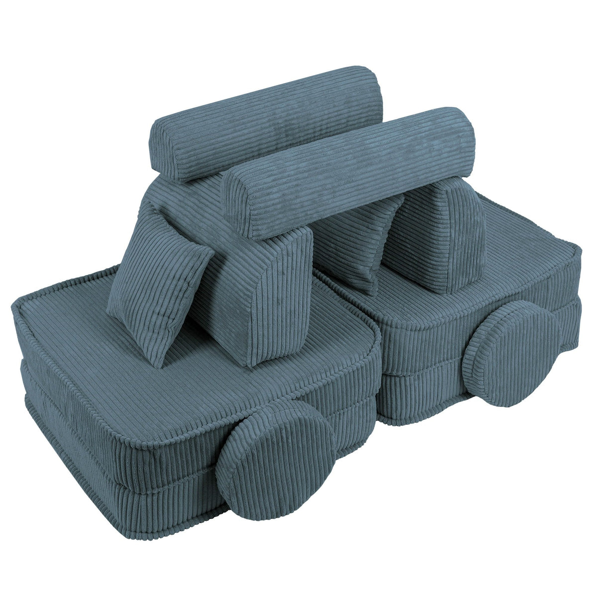 5. Medium modular children's sofa in aesthetic turquoise configured into a creative structure with ribbed texture, in a studio setting