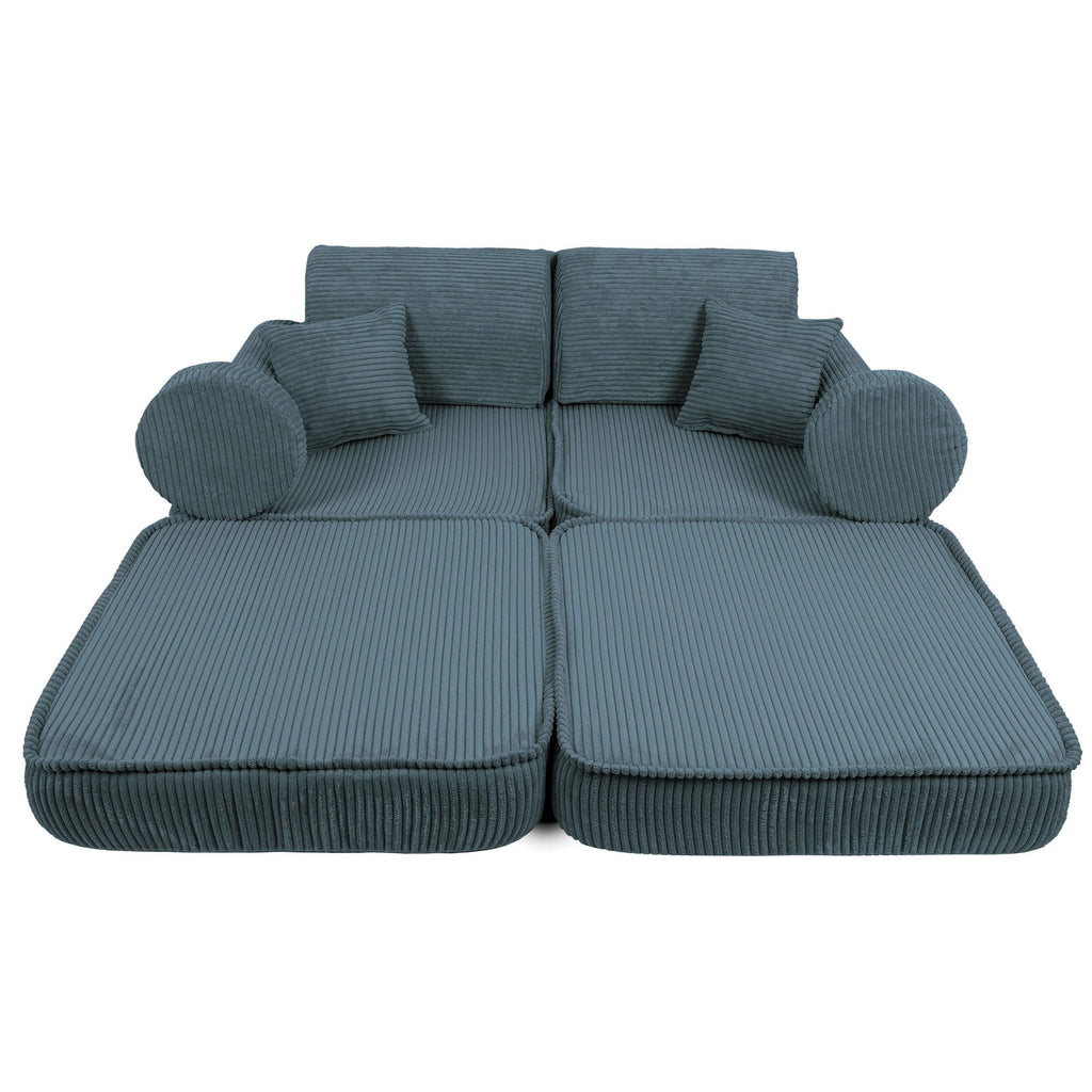 2. Medium modular children's sofa in aesthetic turquoise fully extended, showcasing ribbed texture and multiple cushions, in a studio setting