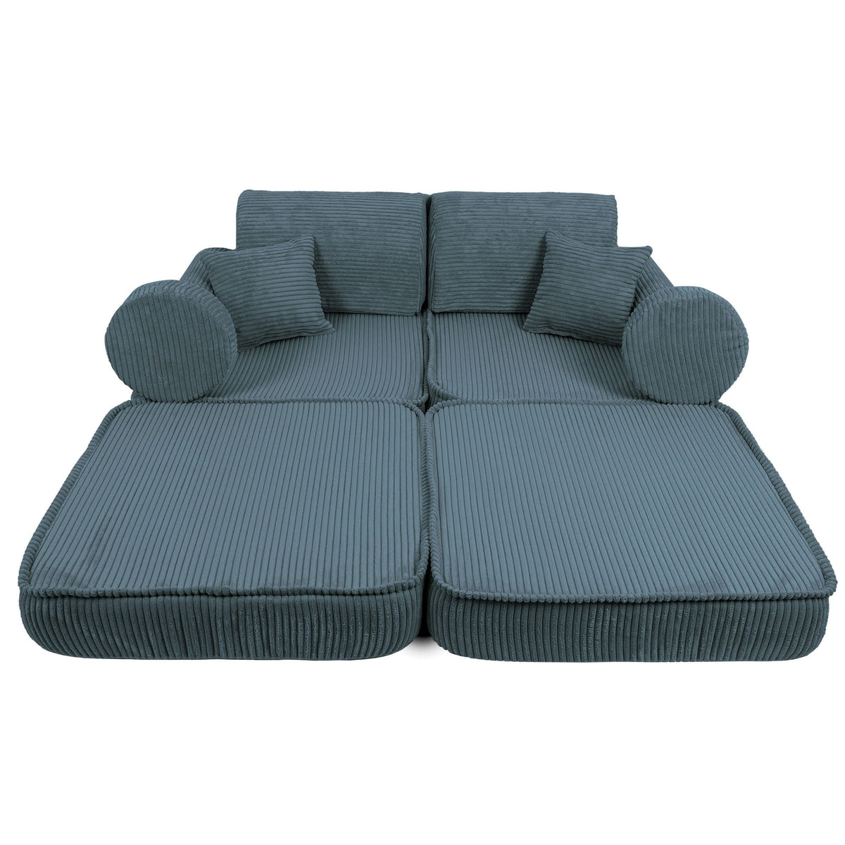 2. Medium modular children's sofa in aesthetic turquoise fully extended, showcasing ribbed texture and multiple cushions, in a studio setting