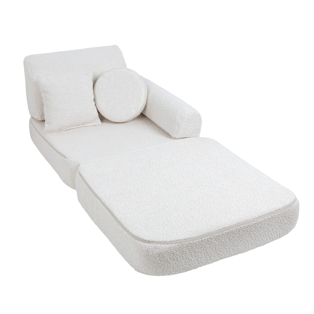 2. Medium modular children's sofa in white boucle fabric configured as a chaise lounge with one round and one square cushion