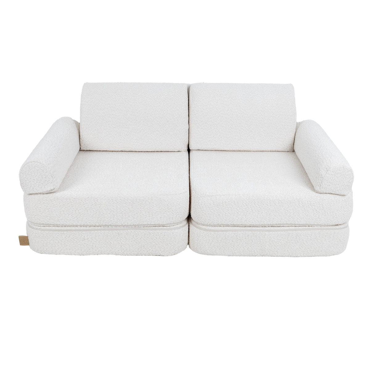 2. Medium modular children's sofa in white boucle fabric without cushions, shown in a studio setting