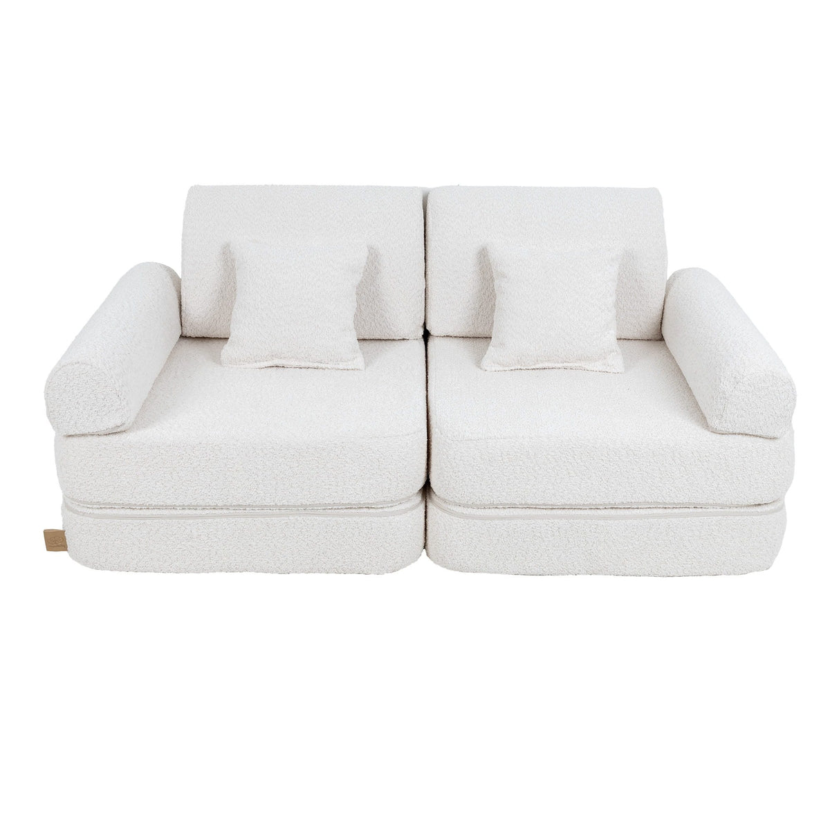2. Medium modular children's sofa in white boucle fabric with two square cushions, shown in a studio setting