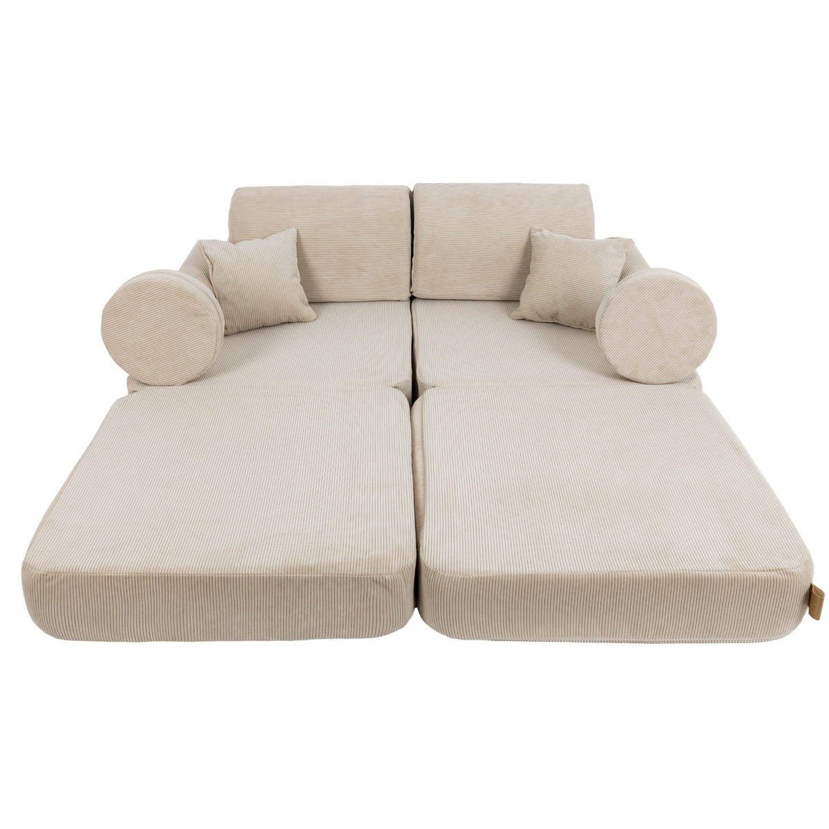 2. Medium modular children's sofa in ecru slimcord fabric fully extended with two square and two round cushions