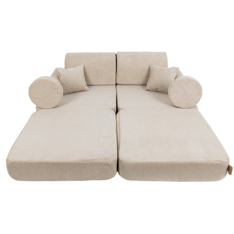 2. Medium modular children's sofa in ecru slimcord fabric fully extended with two square and two round cushions