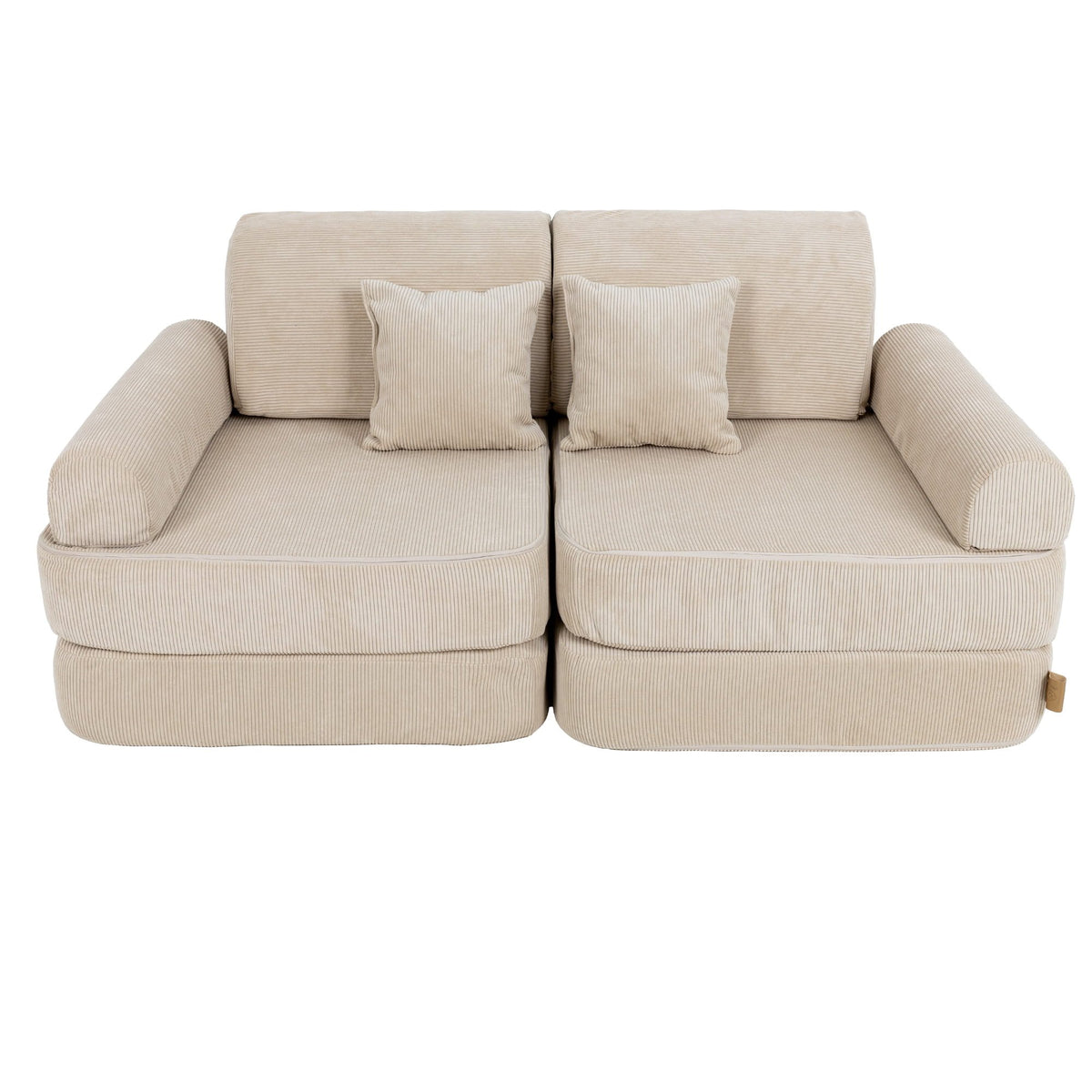 2. Medium modular children's sofa in ecru slimcord fabric with two square cushions, shown in a compact configuration