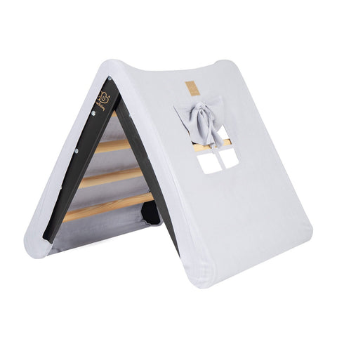 1. Children's black ladder house with blue-grey cover featuring window and bow detail, ideal for playrooms