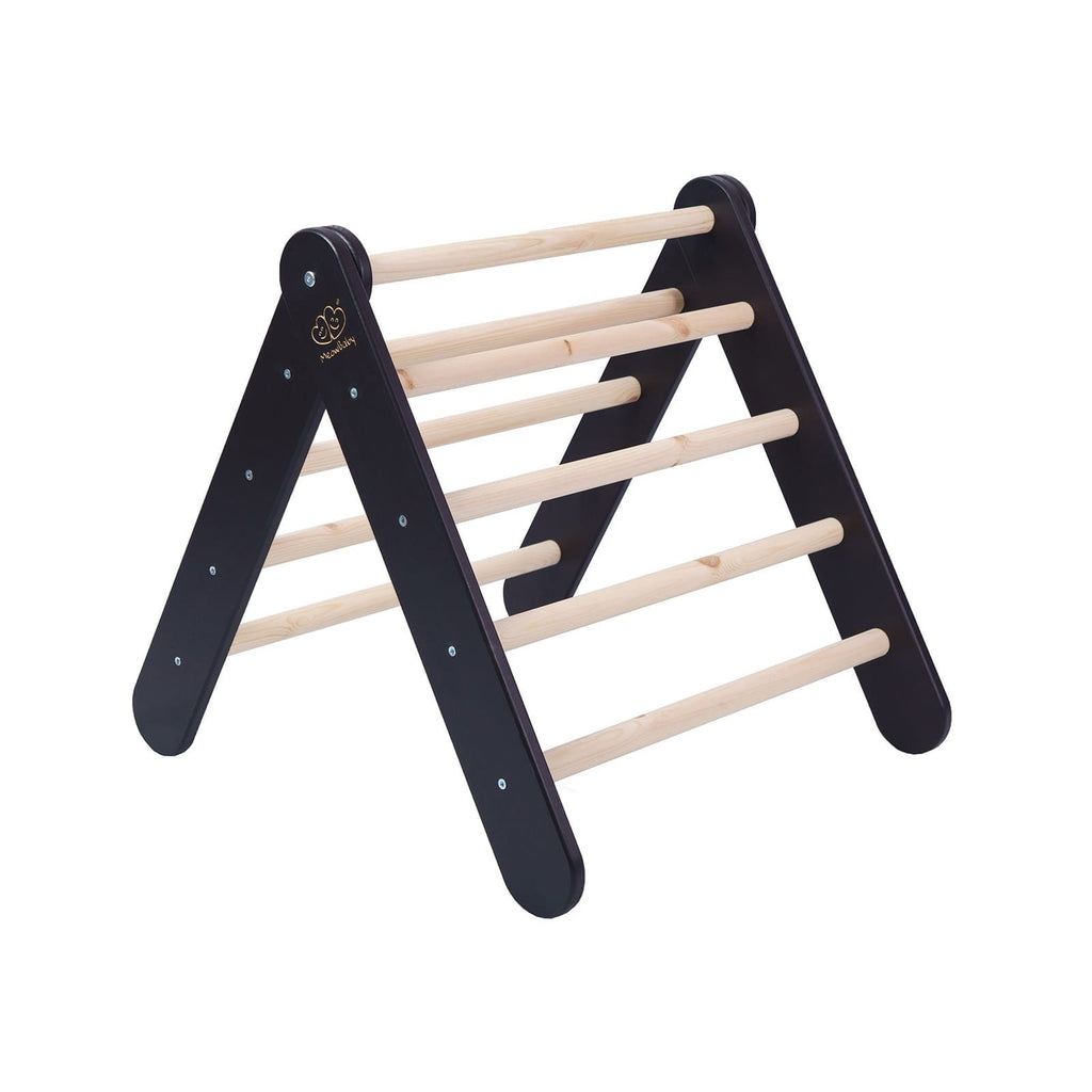 1. Wooden Pikler climbing ladder with black sides and natural wood rungs in a triangular shape, studio setting