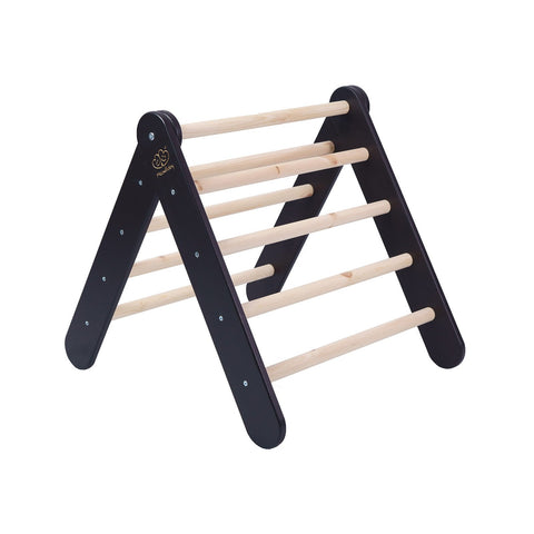 1. Wooden Pikler climbing ladder with black sides and natural wood rungs in a triangular shape, studio setting