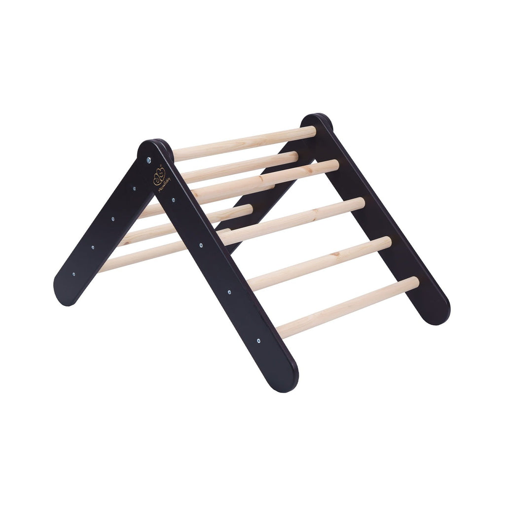 3. Black and natural wood ladder frame for children's playhouse, angled view