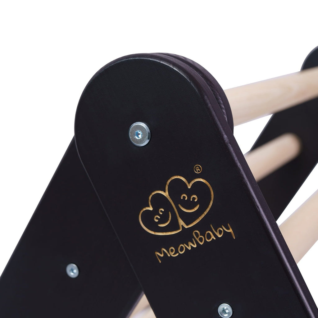 3. Close-up of MeowBaby logo on black wooden Pikler ladder with natural rungs