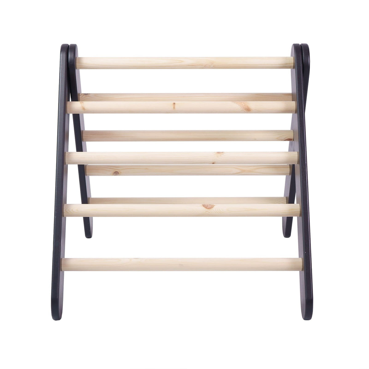 2. Front view of wooden Pikler climbing ladder with black sides and natural wood rungs, studio setting