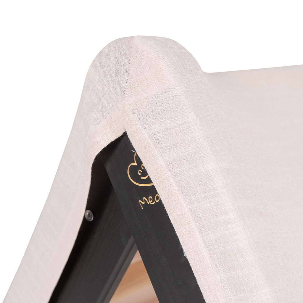 11. Detail of pink cover on black ladder house showing MeowBaby logo