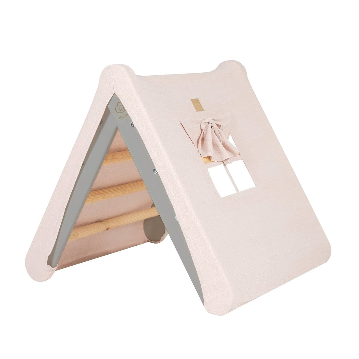 1. Grey ladder house with pink cover featuring a small window, designed for children's playrooms