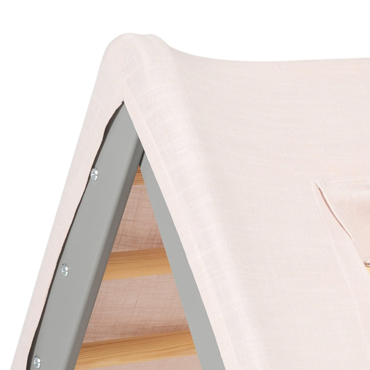 3. Close-up of pink fabric cover on grey ladder house, showing texture and design