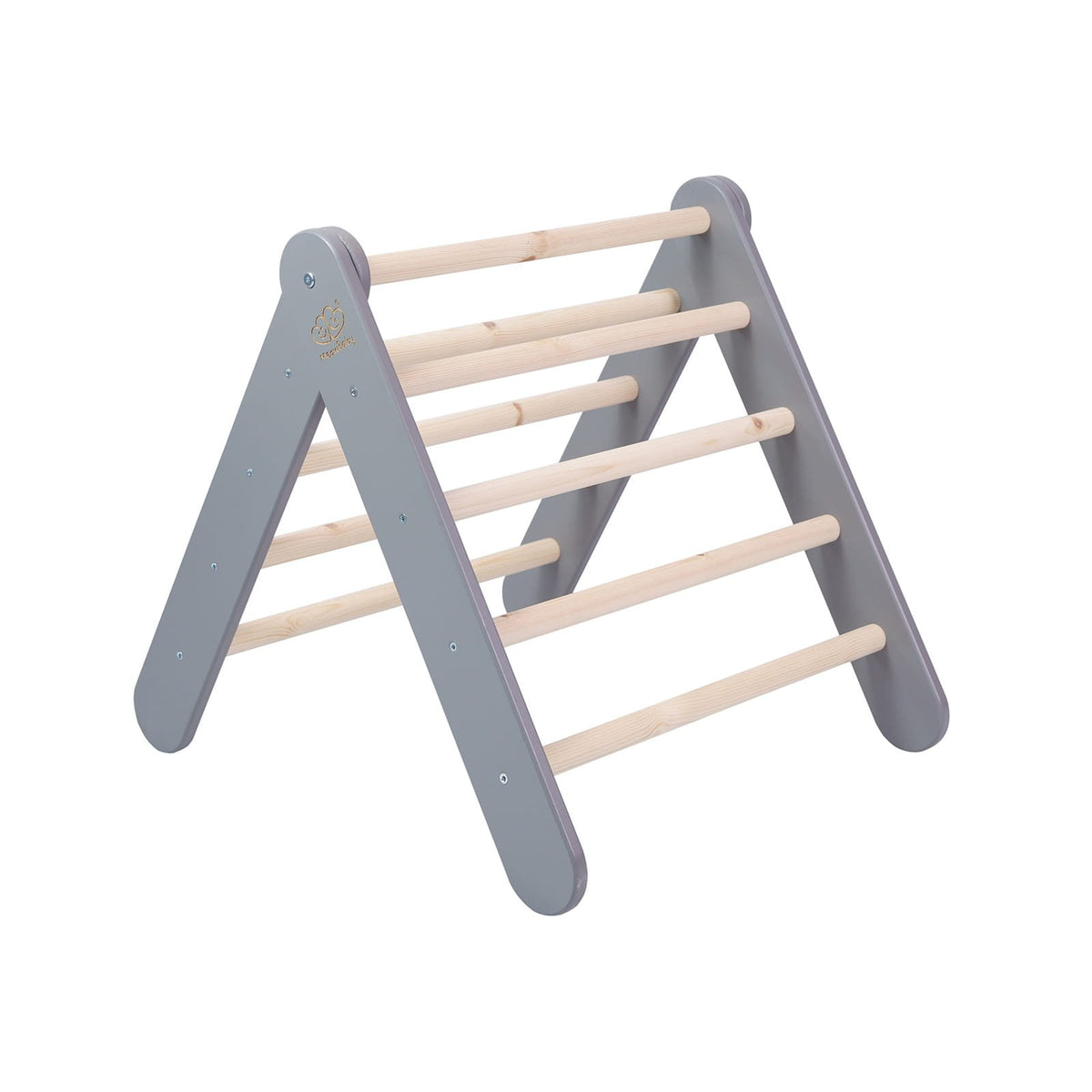 1. Wooden Pikler climbing ladder in gray with natural wood rungs, shown in a studio setting