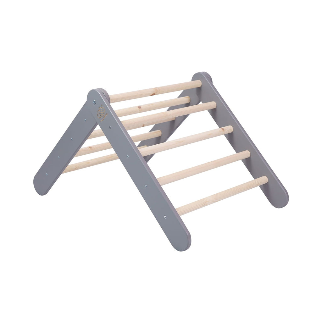 7. Gray Pikler ladder in a lower A-frame position, showcasing its versatility for children's activities