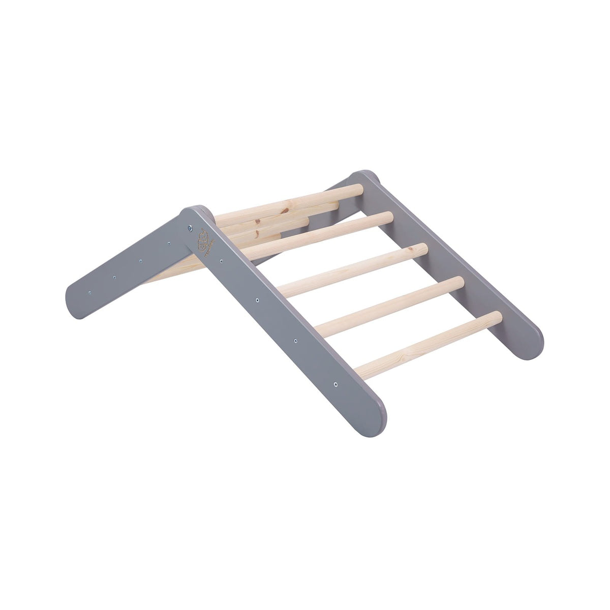8. Gray Pikler ladder in a flat position, demonstrating its adaptability for various play scenarios
