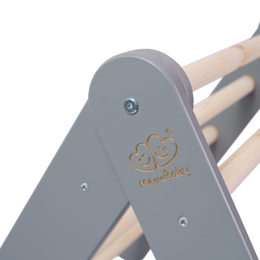 3. Close-up of MeowBaby logo on grey wooden ladder, highlighting brand detail and craftsmanship