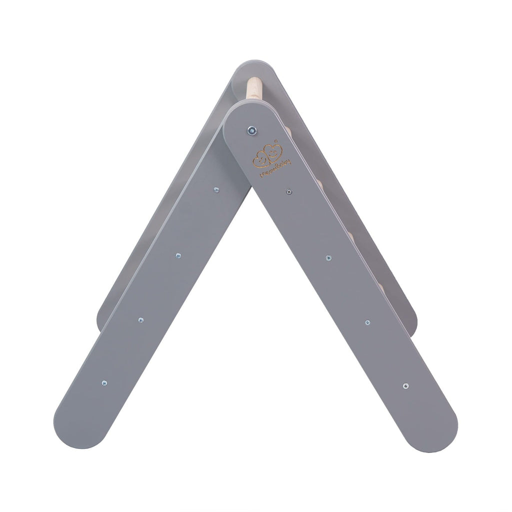 2. Side profile of grey wooden ladder, showcasing simple design and sturdy construction for children's play