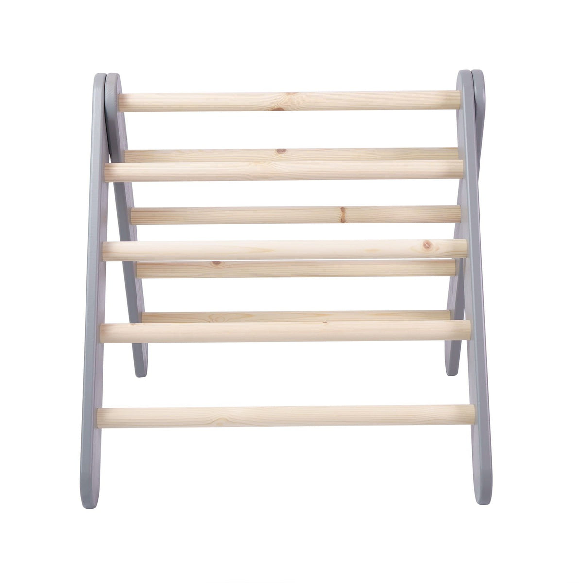 4. Front view of grey wooden ladder structure for children's playhouse
