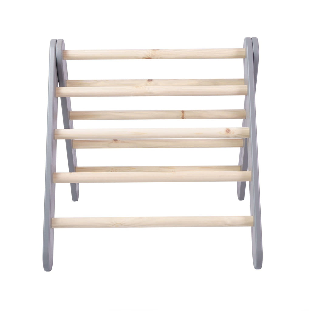 11. Front view of gray Pikler ladder with natural wood rungs, showcasing its simple and functional design