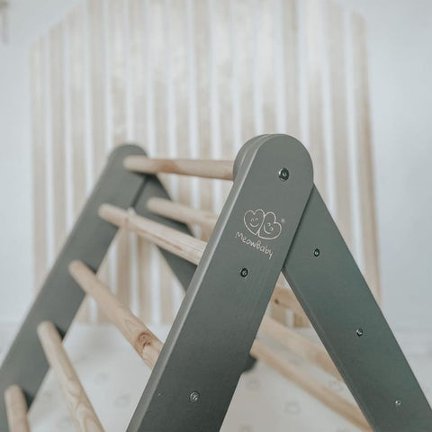 1. Grey MeowBaby ladder in room with wooden rungs, highlighting indoor play setup and design