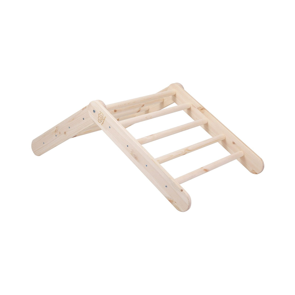 2. Natural wood Pikler ladder in a low triangular position, shown in a studio setting