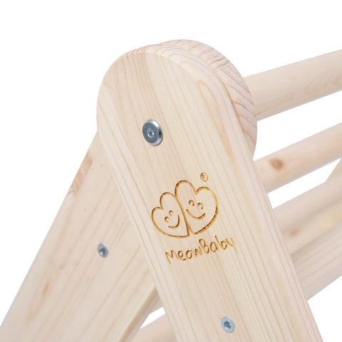 4. Close-up of MeowBaby logo engraved on natural wood ladder