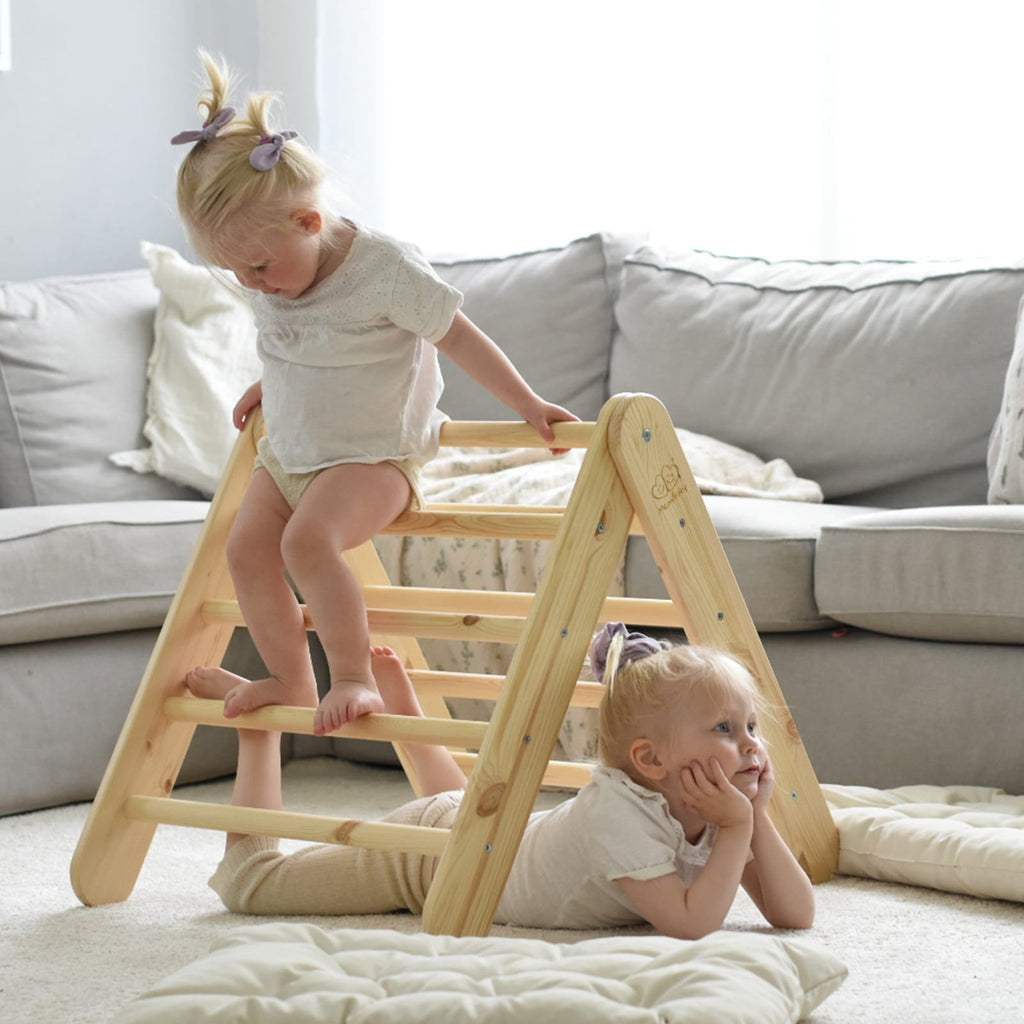 13. Two children playing on natural wood ladder structure in living room