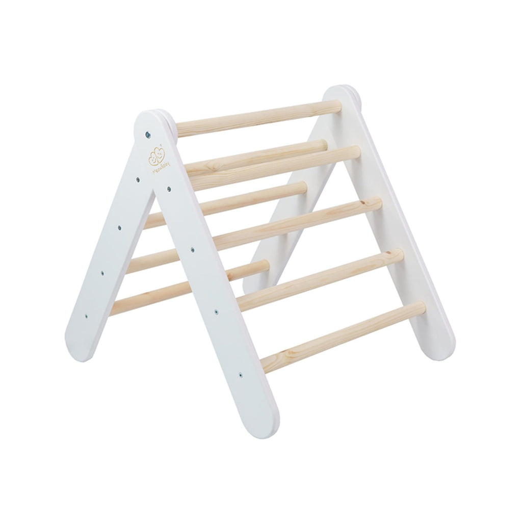 7. White wooden Pikler ladder with natural wood rungs in a triangular shape, shown in a studio setting