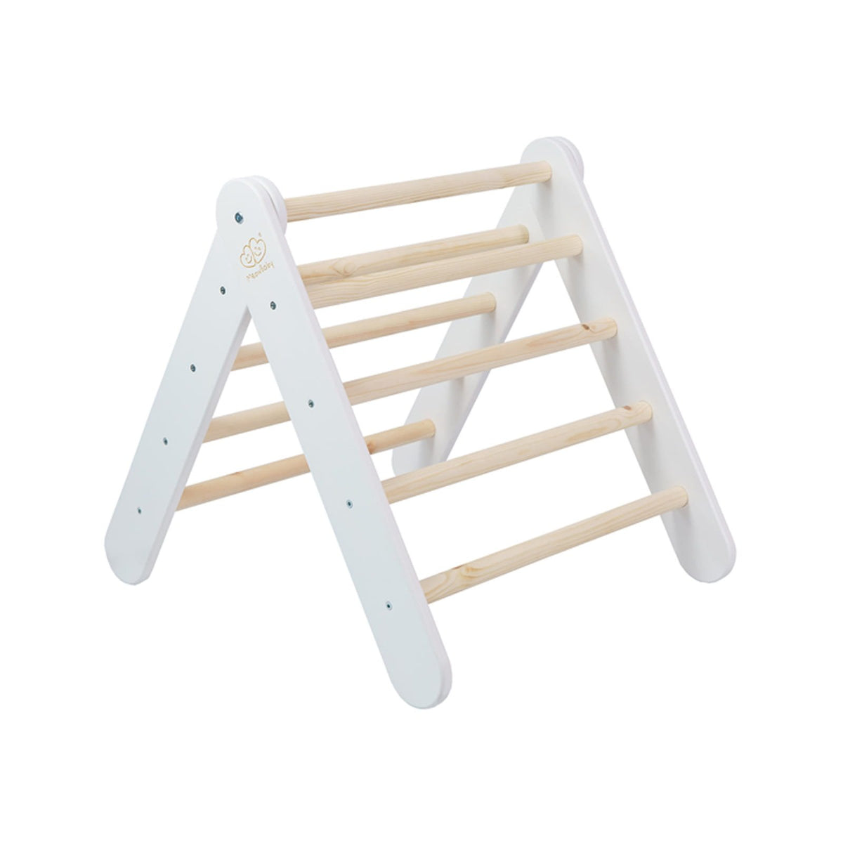 1. Wooden Pikler climbing ladder in white with natural wood rungs, shown in a studio setting