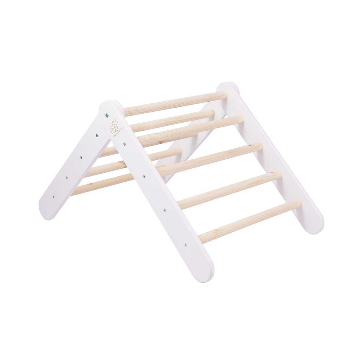 8. White ladder house with natural wood rungs shown from side angle