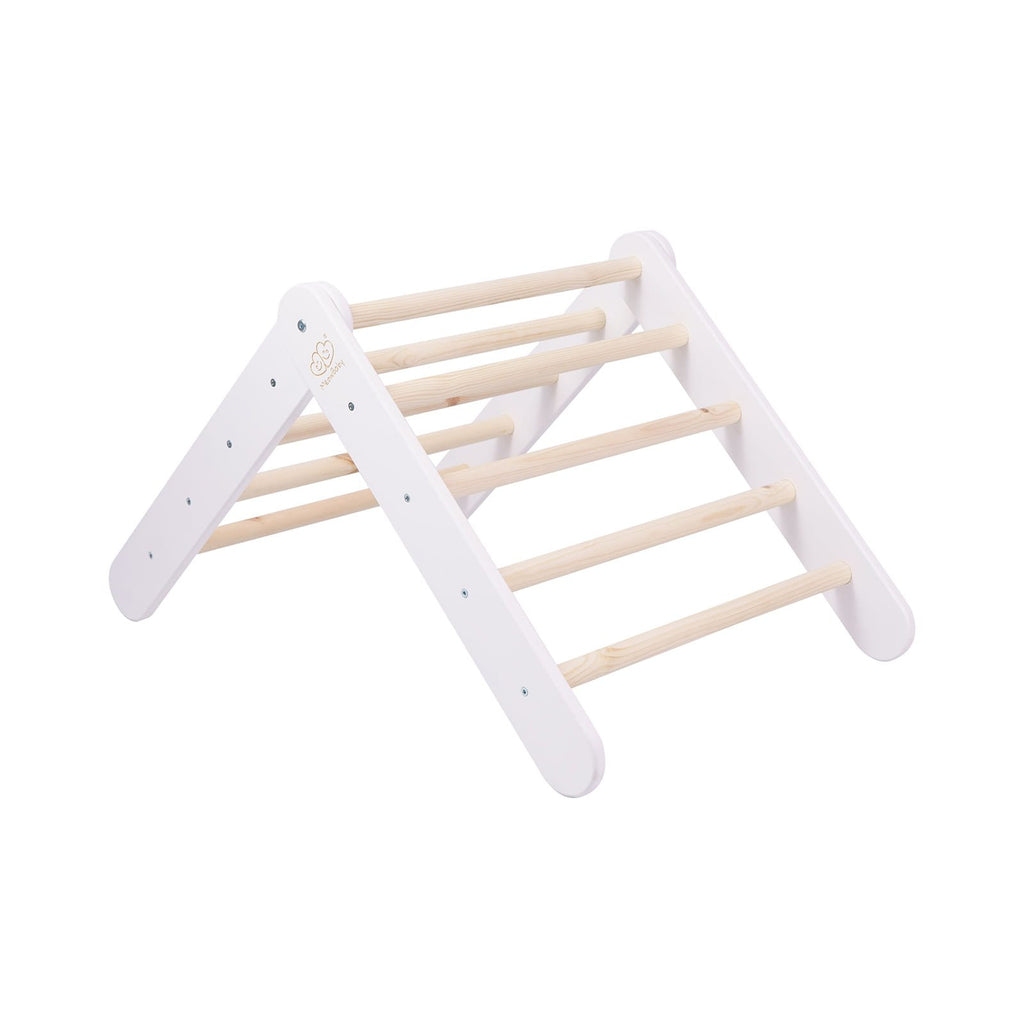 8. White wooden Pikler ladder with natural wood rungs in a lower triangular position