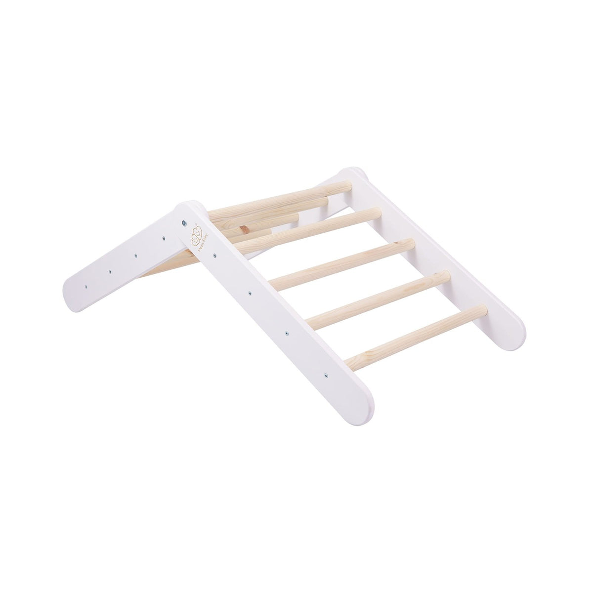 9. White wooden Pikler ladder with natural wood rungs in a flat position