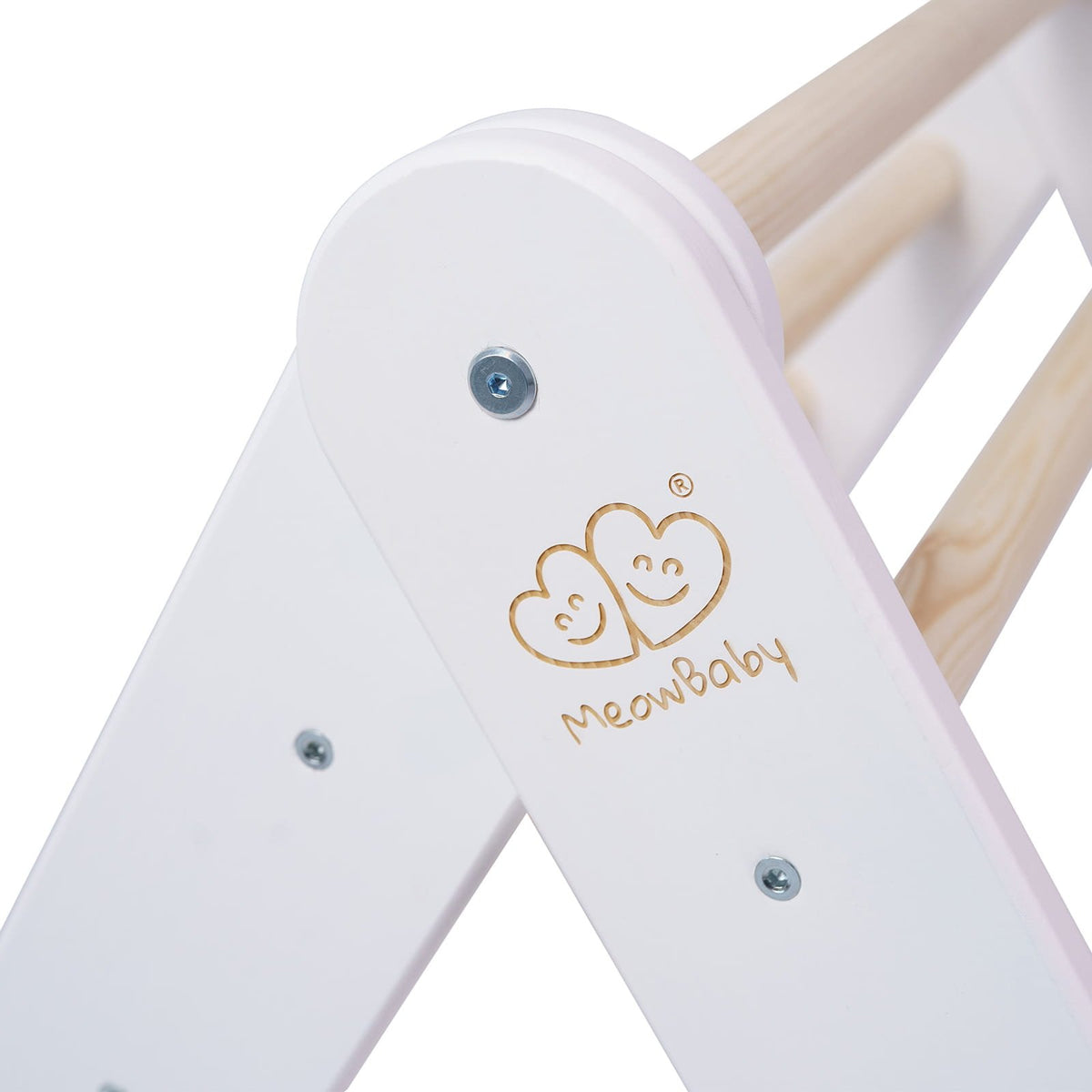 10. Close-up of MeowBaby logo on white wooden Pikler ladder with natural wood rungs