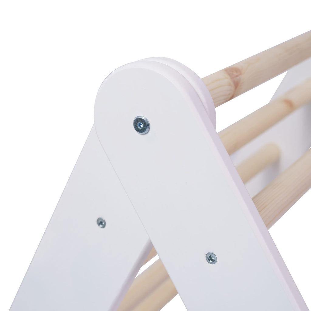 10. Close-up of the joint detail on white wooden Pikler climbing ladder with natural wood rungs
