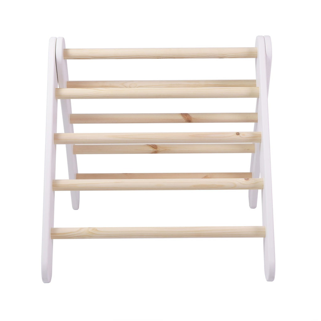 9. Front view of white wooden Pikler climbing ladder with natural wood rungs in a studio