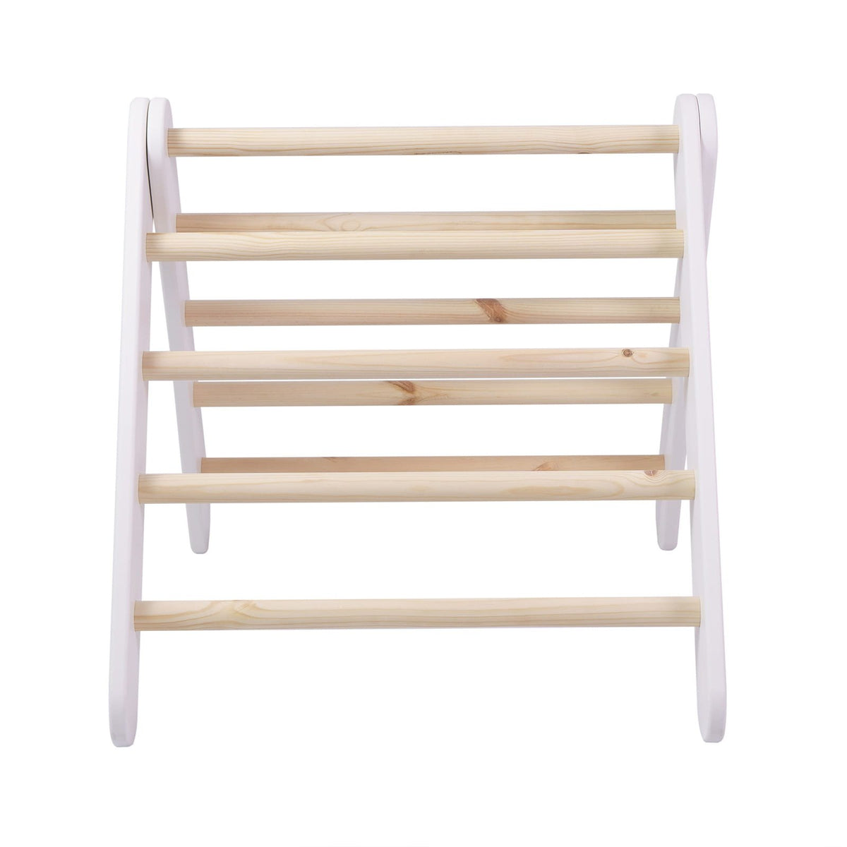 12. Front view of white wooden Pikler ladder with natural wood rungs in a studio setting