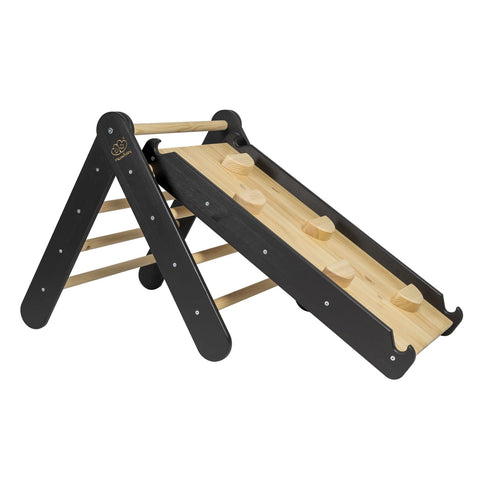 1. Black wooden ladder with slide and climbing wall for children, featuring natural wood rungs and slide surface, ideal for indoor or garden play