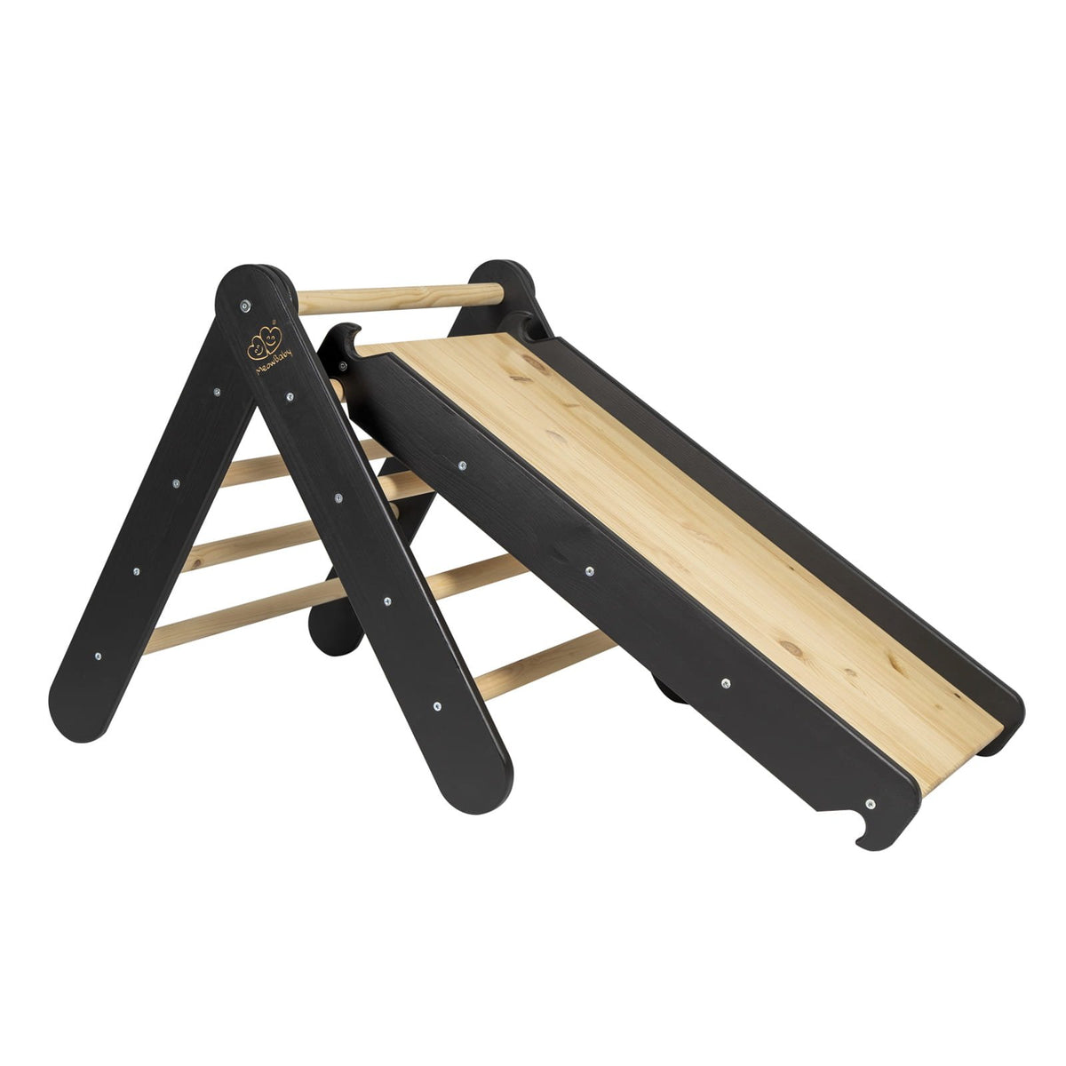 10. Black wooden ladder with slide and climbing wall for children, featuring natural wood rungs and slide surface, shown from a different angle