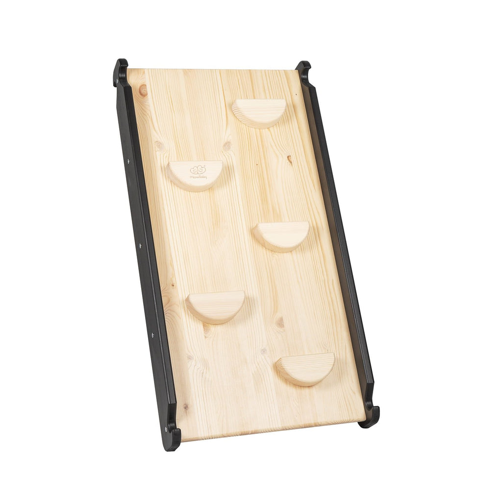 4. Wooden climbing wall board with black edges and grip holds, part of children's play set