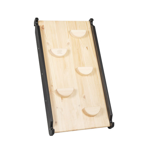 4. Wooden climbing wall board with black edges and grip holds, part of children's play set