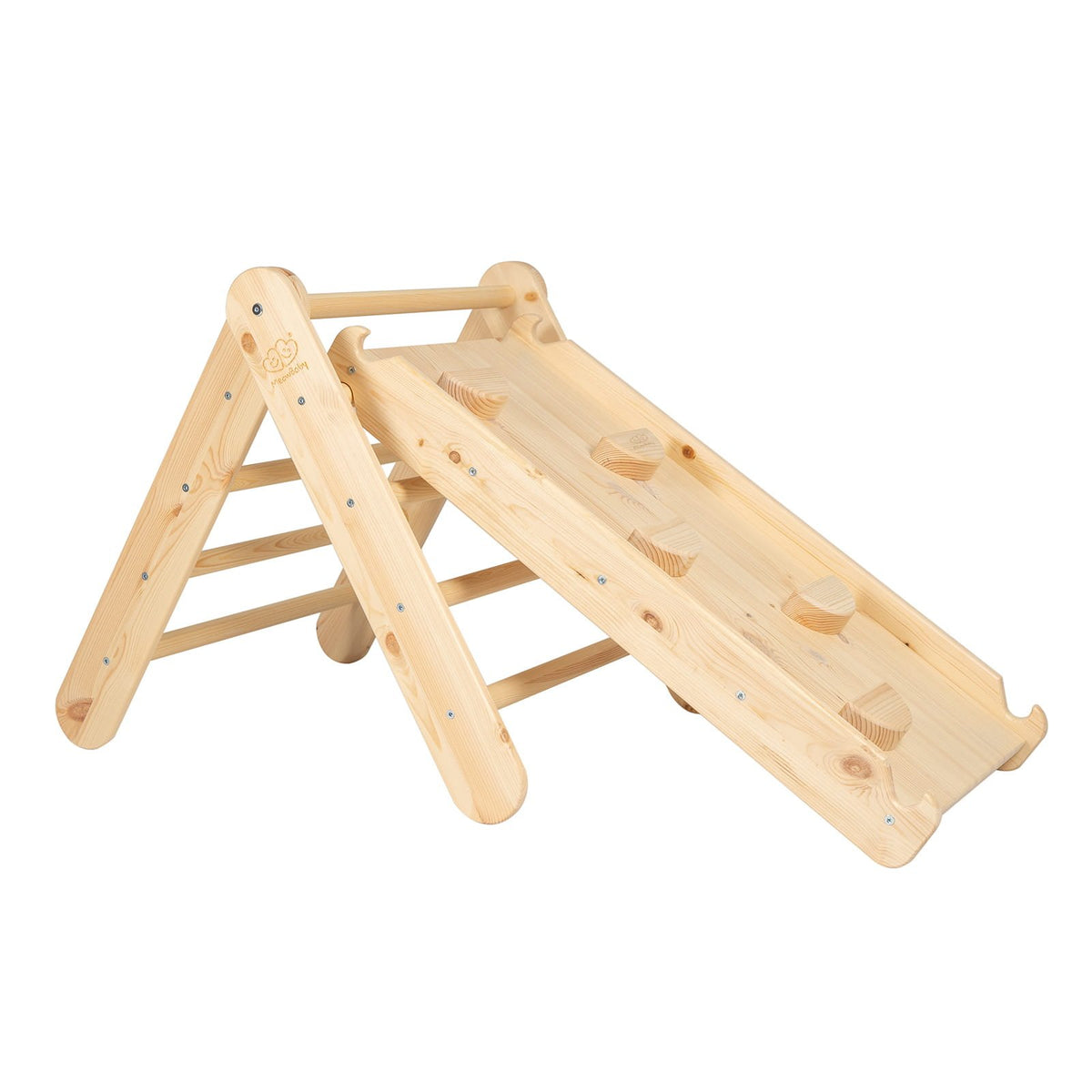 3. Natural wood ladder with slide and climbing wall featuring rounded grips for safe climbing
