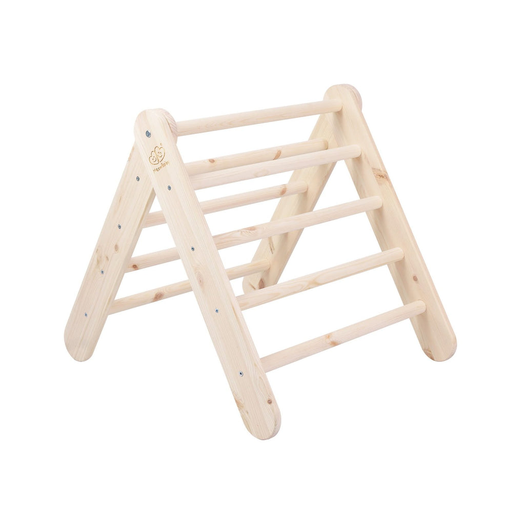 1. Wooden Pikler climbing ladder in natural wood with triangular design and 11 rungs, shown in a studio setting.