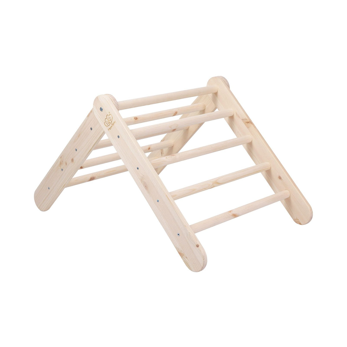 10. Wooden Pikler climbing ladder in natural wood with triangular design and 11 rungs, studio shot.